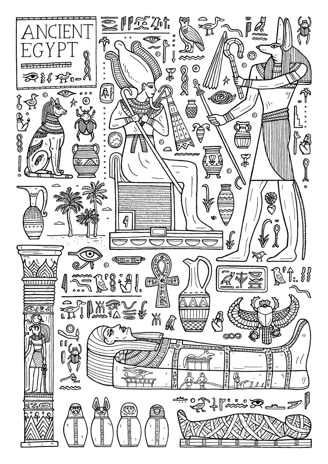 Een unieke en authentieke illustratie of kijkplaat van het oude Egypte, Ancient Egypt. Educatief en wetenschappelijk. Bruikbaar voor een poster, affiche, boekomslag, boekillustratie, wenskaart, artprint. Handgetekend door de Gentste illustrator Annelien Cael, illustrator van authentieke kijkplaten vol details.