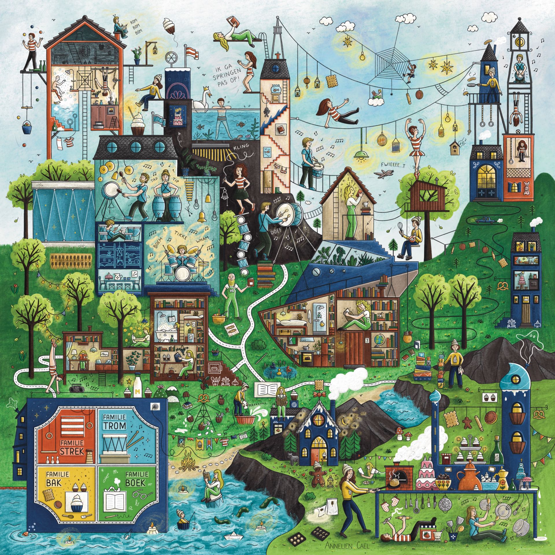 Een unieke en authentieke illustratie of kijkplaat die verschillende verhaallijnen toont binnen één grote illustratie. Een opdracht voor de wedstrijd Picturale te Ronse, waarmee in 2024 de publieksprijs gewonnen werd. Handgetekend door de Gentste illustrator Annelien Cael, illustrator van kijkplaten.