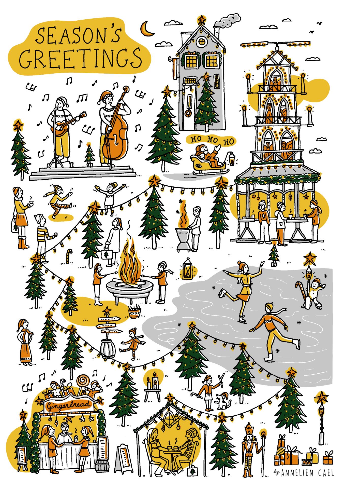 Een unieke en authentieke illustratie of kijkplaat van een kerstmarkt. Bruikbaar voor een kerstkaart, wenskaart, artprint, met kerstwensen en season's greatings. Handgetekend door de Gentste illustrator Annelien Cael, illustrator van kijkplaten.