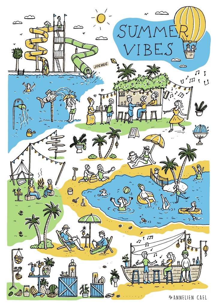 Een unieke en authentieke illustratie of kijkplaat van een zomers tafereel. Bruikbaar voor een wenskaart, artprint, kalender, met tekst "Summer vibes". Handgetekend door de Gentste illustrator Annelien Cael, illustrator van authentieke kijkplaten vol details.